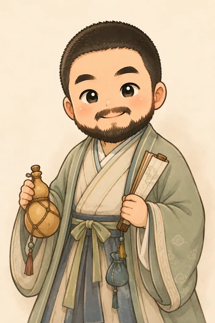 꿈도사 — 호리병과 두루마리를 든 모습